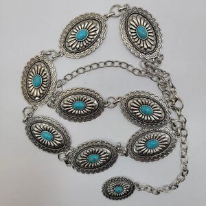 Concho Belt Silver Tone Chain Faux Turquoise Statement Hip Swag Southwestern M-L